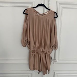 Alexis silk romper with cold shoulder and sash.